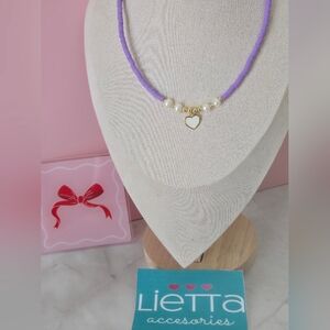 Pink Beaded Necklace with Heart Pendant